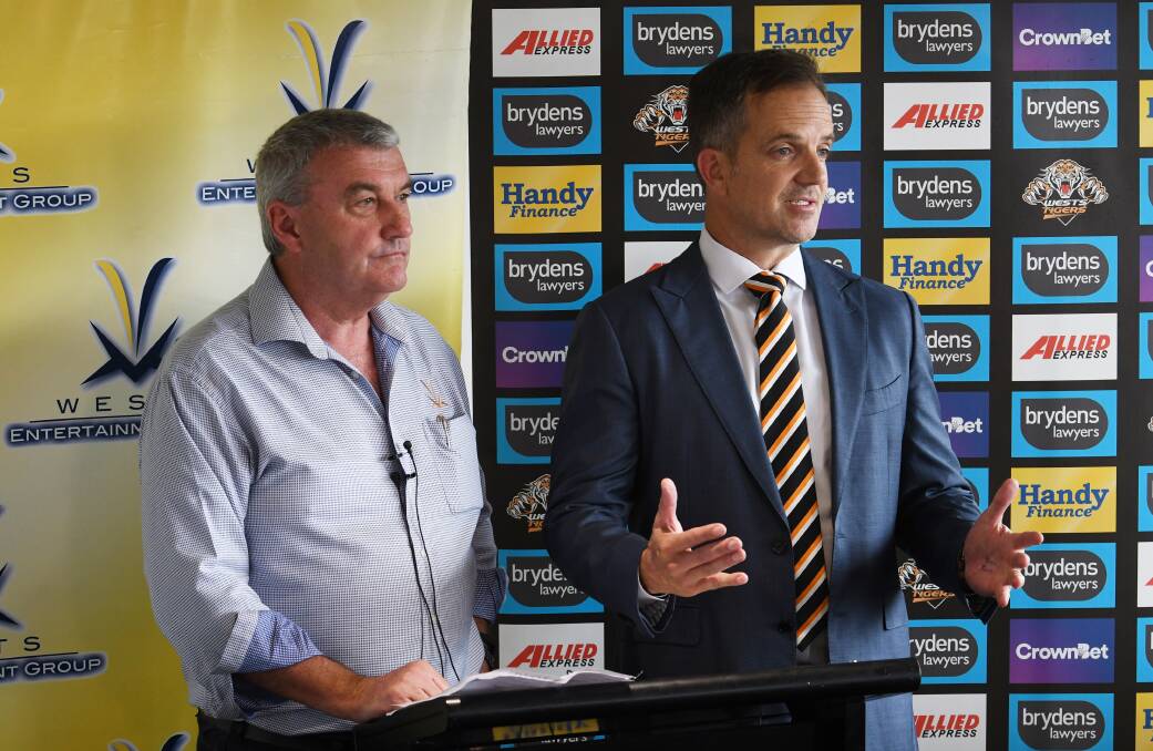 Wests Entertainment Group CEO Rod Laing and Wests Tigers CEO Justin Pascoe at Tamworth on Thursday. Photo: Gareth Gardner