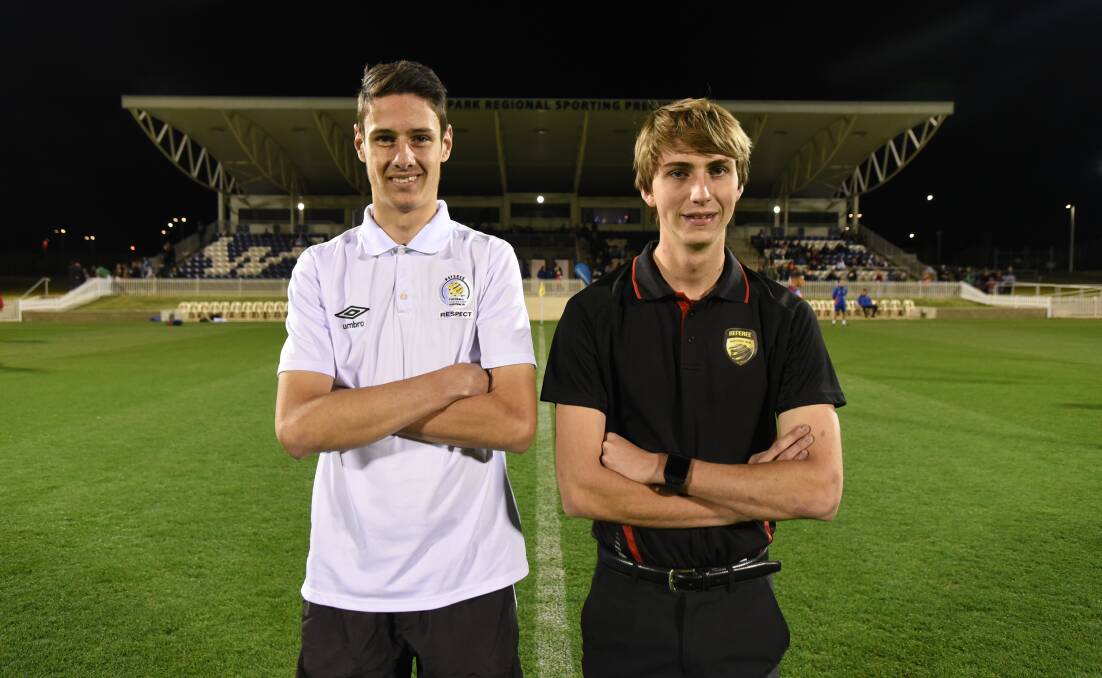 AMBITIOUS: Best mates Daniel York and Lachlan Smith hope they are on the fast track to soccer's elite refereeing ranks. Photo: Peter Hardin