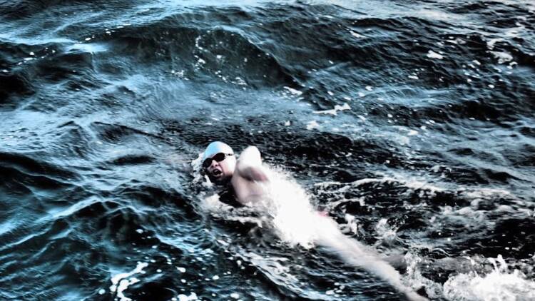 Testing tides: UNE student Tom Pembroke during his attempt at a double crossing of the English Channel.