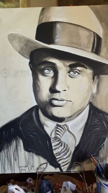 GANGSTER: La Chiusa's 152-centimetre-tall portrait of Al Capone that will appear at a new bar being constructed at The Northern Daily Leader’s old premises on the corner of Brisbane and Marius streets.