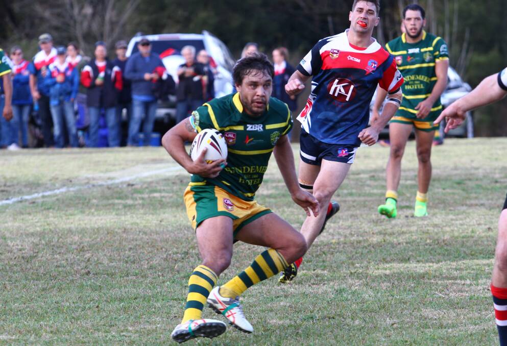IMPACT PLAYER: Bendemeer halfback Adam Ruttley in action in the Mountain Men's 40-36 loss to the Roosters on Saturday.