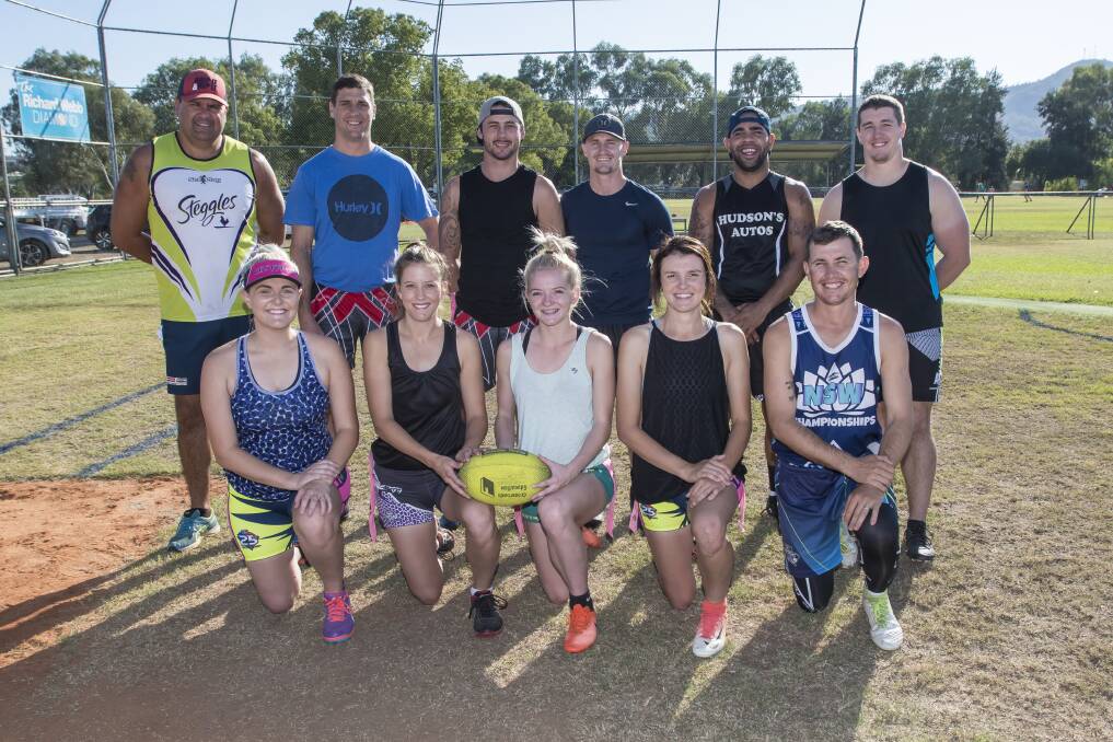 ZIP MACHINES: Tamworth Oztag representatives at the senior state championships at Coffs Harbour include (back row left to right) Damien Allen (coach), Anthony Smith, Mick Rutherford, Josh Crittendon, Matt Nean, Sam Caccianiga, Jess Smith, Aimee Diebold, Abby Schmiedel, Brianna Trickett and Aaron Hall. Photo: Peter Hardin.