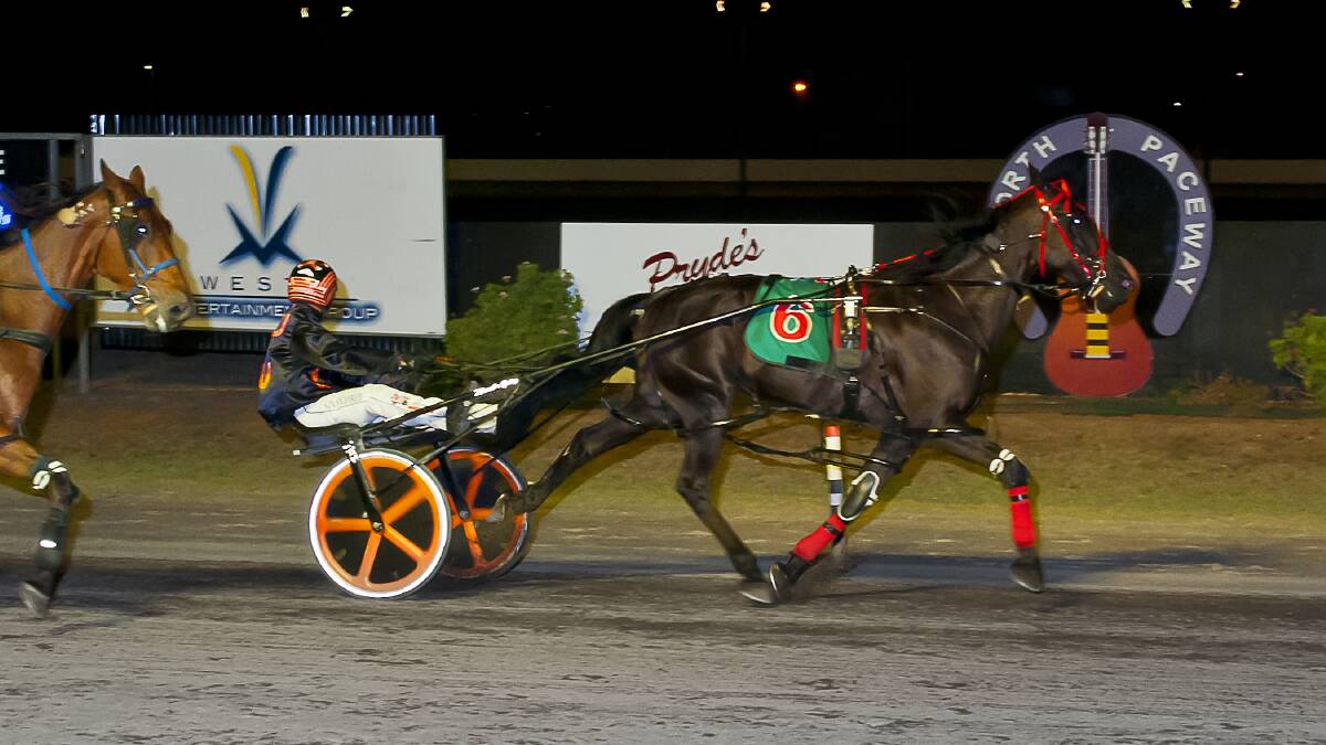 GOOD CHANCE: Redbelly Jack, piloted by Nathan Xeureb, en route to winning at Tamworth on Friday. Photo: Conributed
