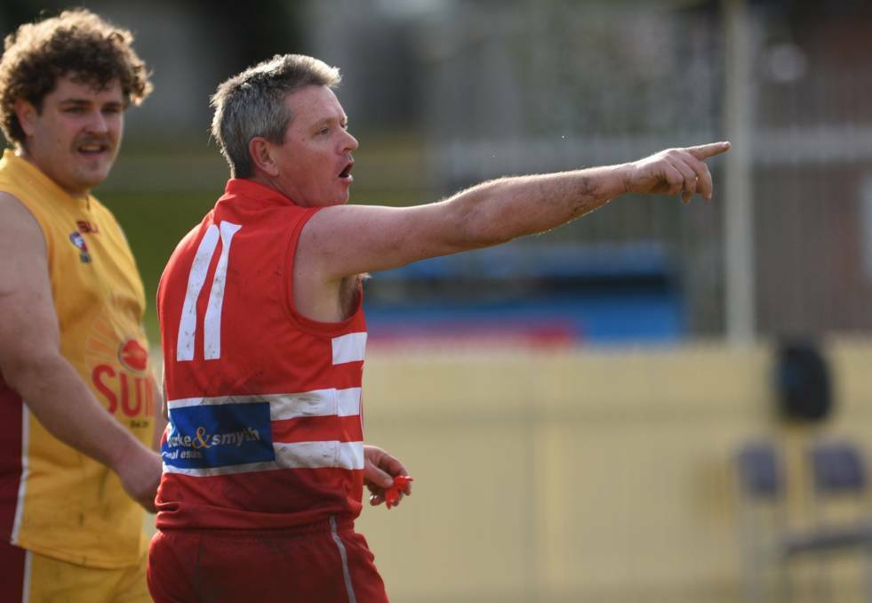 Swans veteran Damien Wendt directs his teammates against Moree, in his 199th game for the club. Photo: Gareth Gardner
