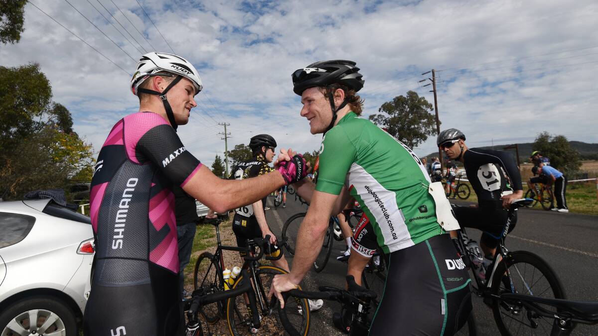 WELL DONE: Race winner Rylee Field (left) is congratulated by a fellow competitor. Photo: Gareth Gardner.
