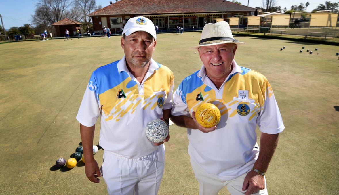 LEARNING CURVE: New Oxley Bowling Club members Brett French and Murray McGregor are off to the rookie pairs state final in Raymond Terrace. Photo: Gareth Gardner 