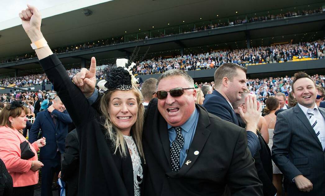 YOU BEAUTY: Bianca and Andrew Pieper celebrate trackside after She Will Reign's Golden Slipper win. Photo: Cassandra Hannagan