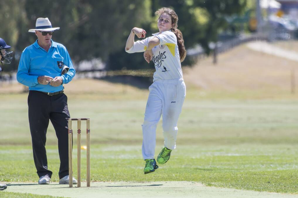 IN FORM: Jess Davidson in action for Tamworth against Armidale at Riverside 1. She claimed 2-28 off nine overs. Photo: Peter Hardin