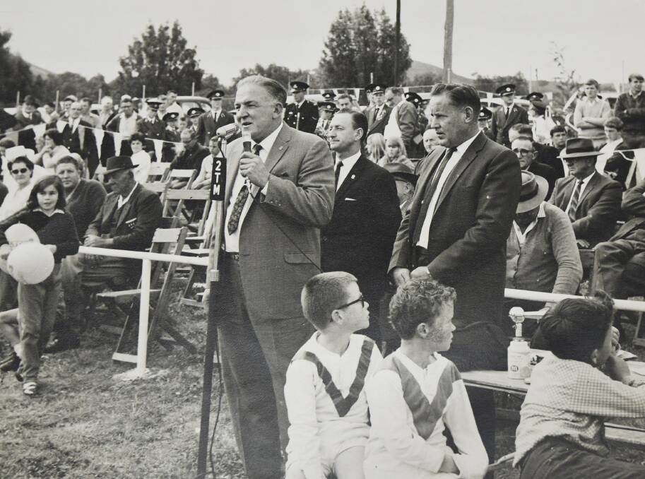 Woolaston attends the opening of North Tamworth's ground on Manilla Road in 1967. He is standing directly behind the guest speaker, then North Sydney Bears president Harry McKinnon.