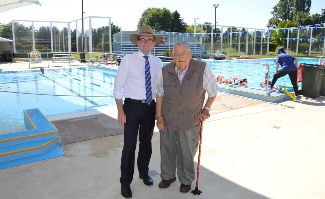 Make a splash: In the swim with more shade to come courtesy grant funds, Northern Tablelands MP Adam Marshall, left, with Glen Innes Swimming Club Director Warwick Twigg at the pool complex last week.