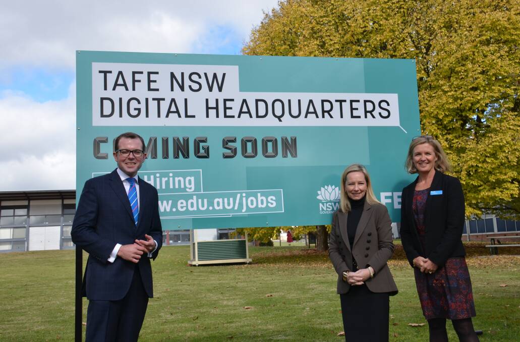 NOW HIRING: Northern Tablelands MP Adam Marshall, TAFE NSW Digital General Manager Megan Aitken and Lyn Rickard at the Armidale TAFE campus on Friday.