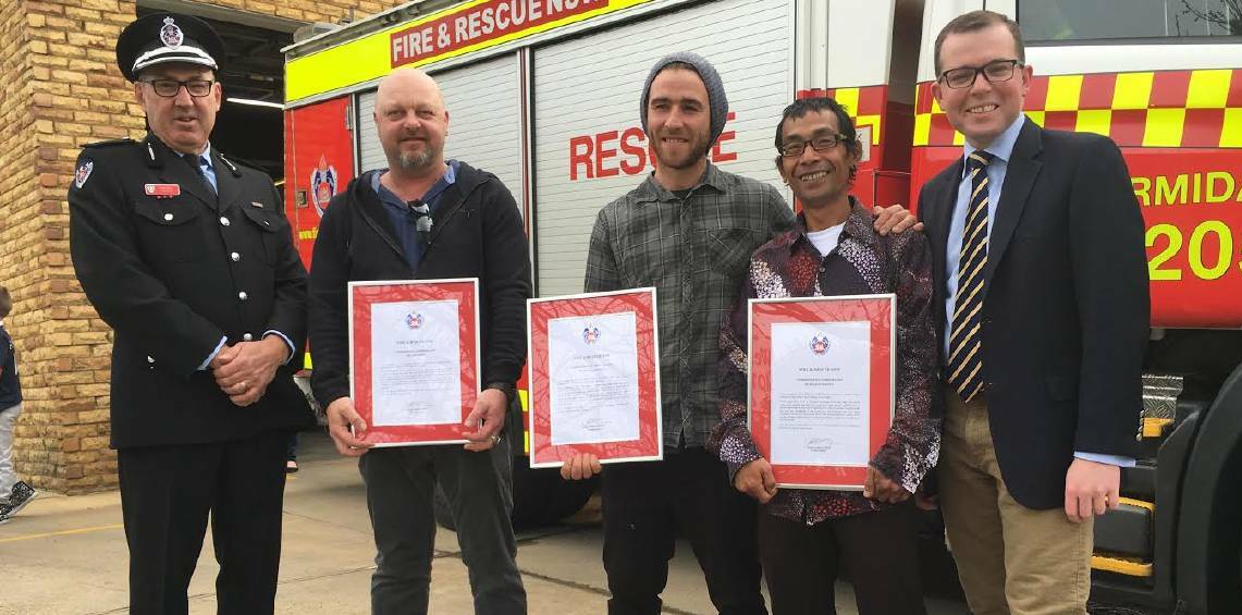 RECOGNISED: Acting Inspector Wayne Zikan, Ivan Smith, Nicholas Daniell, Hidayat Hidayat and local MP Adam Marshall at the awards ceremony for their courageous acts.