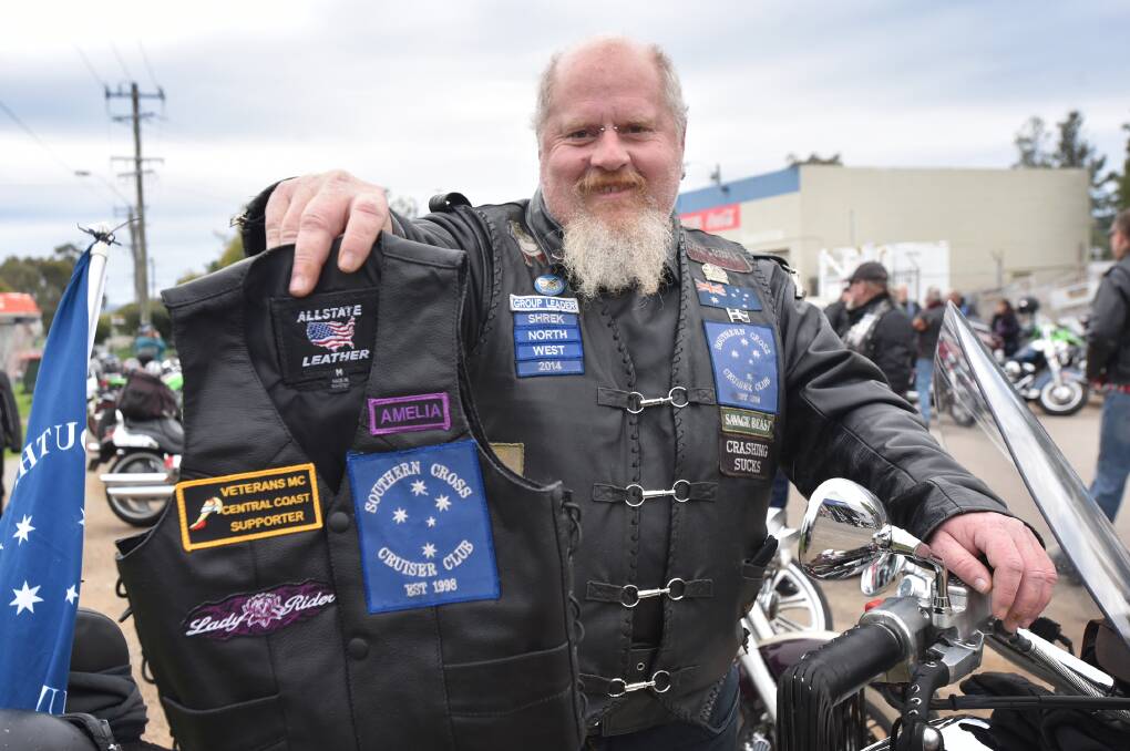 RIDING TO HELP: Mark "Shrek" Lightfoot with a jacket raffled for Amelia-Rose Evans, that raised $350 on top of thousands raised from the motorcycle trek for the two-year-old Tamworthian. Photo: Geoff O'Neill 240716GOA01