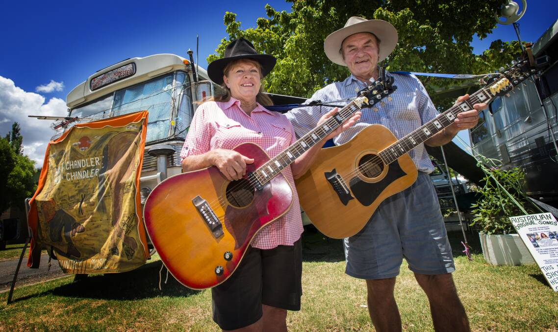 FOR THE LOVE OF COUNTRY: Queenslander couple, Lin and Barry K Chandler, claim stumps at the Riverside camping site for their 26th visit to Tamworth Country Music Festival. Photo: Peter Hardin 160117PHB015