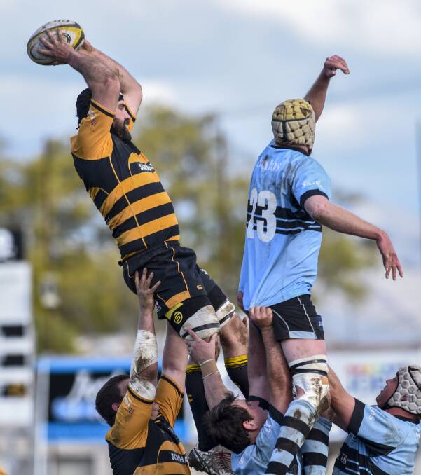 GAME ON: Pirates skipper Conrad Starr in a lineout against Narrabri Blue Boars in the game that later saw him named player of the grand final at Chillingworth Oval on Sunday. Photo: 030916PHC233 