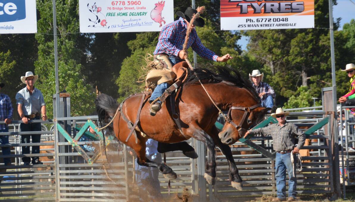 HOLD ON: Bernie McMaugh aims to make eight seconds in the saddle bronc riding event at Armidale Four Seasons Rodeo. 