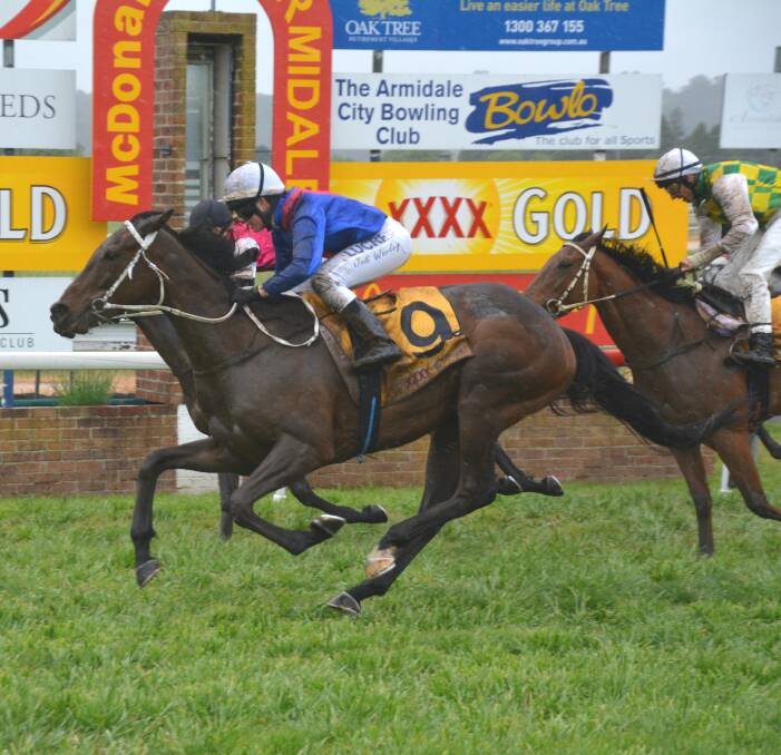 FIRST WIN: Muddy Hole, trained by Paul Grills, secured her first career victory in race three at Armidale Jockey Club on Saturday. She was ridden by apprentice Jodi Worley. Photo: Armidale Express
