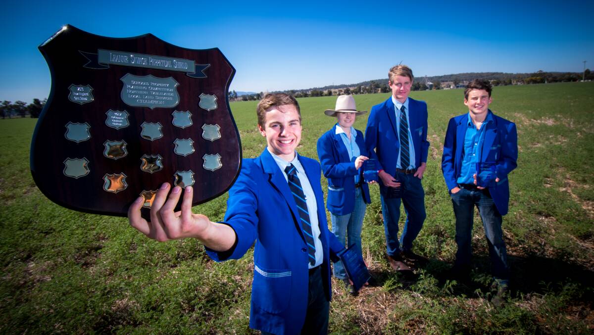 Future of farming: Brody Hoffman, Charlotte Wade, Lachlan Patricks and Mitchell Jones from O'Connor Catholic College, Armidale. Picture: Simon McCarthy 230817SMC02