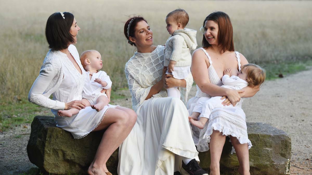Emily Roffe-Silvester with Daisy, 11 months, Miranda Fullerton with Inara, 18 months, and Sandy Tai with Lillian, 18 months. Picture: Kate Healy.