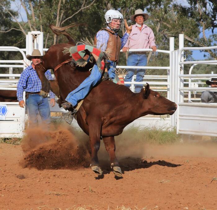 Brock Adams takes on the Bollon Junior Rodeo, where he won first place on his way to winning the Bad Company Circuit’s 11-under 14s junior steer ride. Photo courtesy of Jodie Adams Photography.