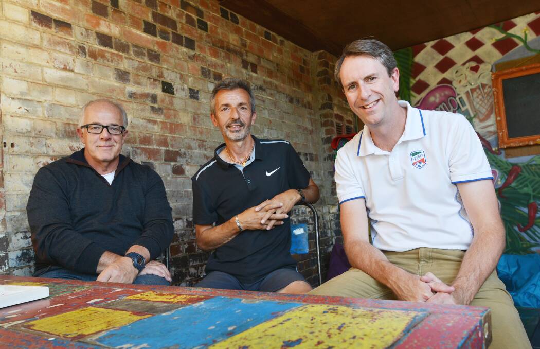 Bowing out: Gavin Flanagan (right), pictured here with Tim Coates and Howard Stubbs, has resigned as Northern Inland Football general manager after 16 months in the role.