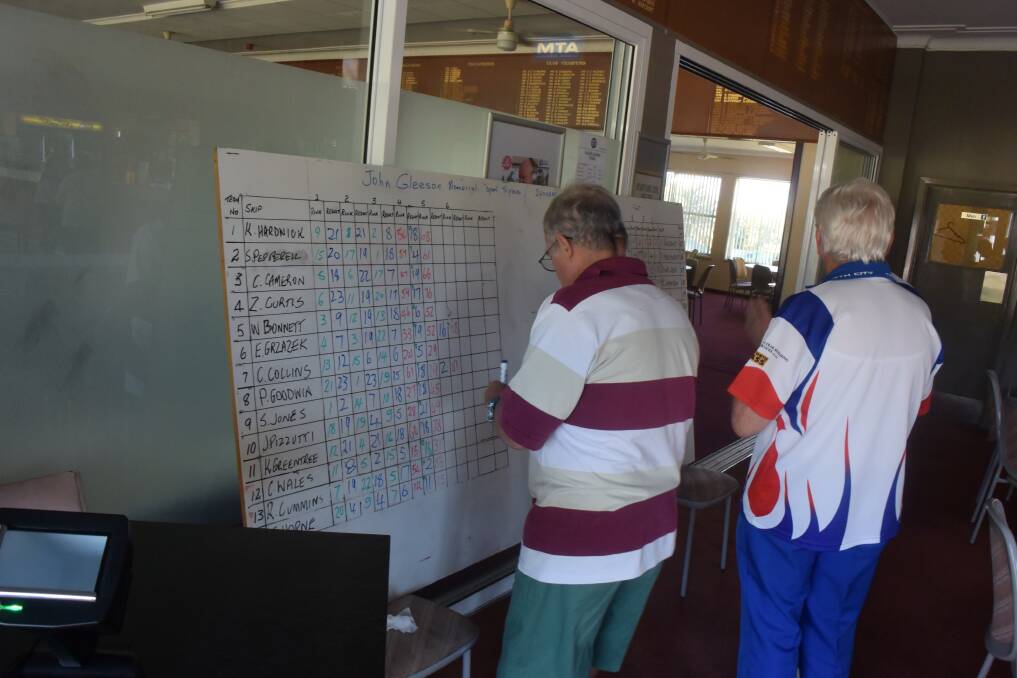 By the numbers: The whiteboard at Tamworth City Bowling Club illustrates the scores of the teams at the John Gleeson Memorial Open Triples.