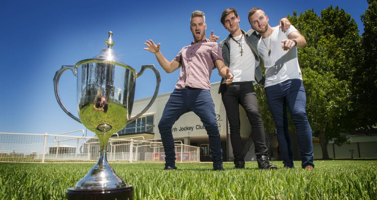 On song: Hurricane Fall members Jimmy Hickey, Jesse Vee and Dusty Coffey, are rapt to have the Country Music Cup at Tamworth named in their honour. Picture: Peter Hardin. 