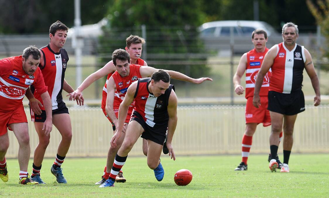 Impressive: Inverell Saints were first to the footy throughout Saturday's 115-point AFL North West NSW win against Tamworth Swans at Tamworth No.1 Oval. Photo: Gareth Gardner.