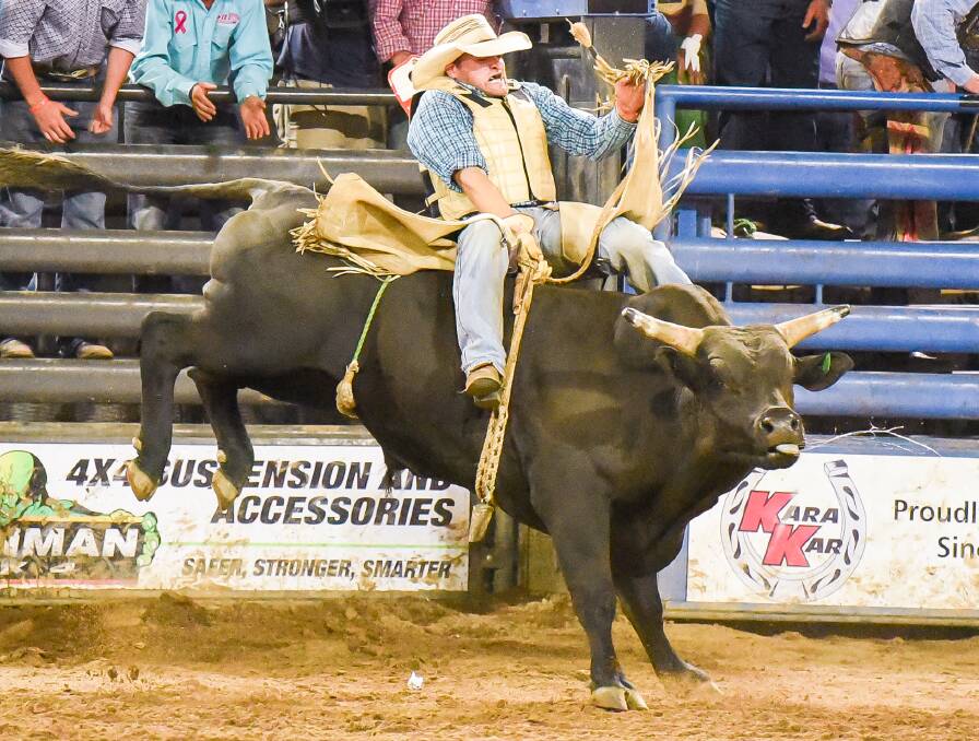 In the big show: Wayne Crisp featured among the riders competing in the bull riding at the ABCRA Nationals. 280117PHB1022