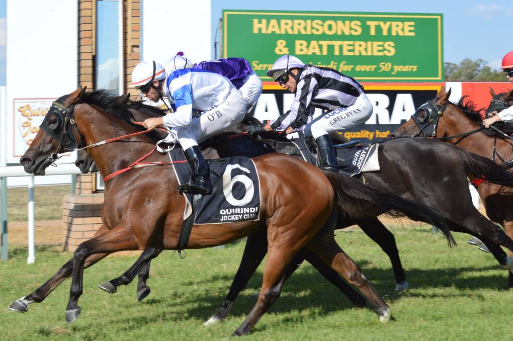 In charge: Sargent Doakes (Chris O'Brien) sustained a brilliant finish to prevail in Friday's Quirindi RSL Lightning. Photo: Gregor Mactaggart
