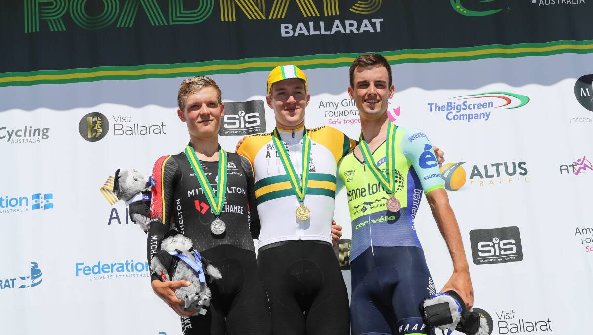 ON THE PODIUM: Under-23 time-trial winner Callum Scotson is flanked by Sam Jenner, left, and Jason Lea, right. Picture: CON CHRONIS