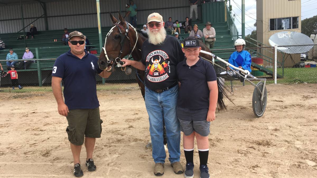 Winning combination: Trainer Jarred Hetherington along with part owner Dave Stewart and his grandson Mac, and driver Stacey Weidemann after Vincent Van Ora's win at Inverell on Sunday. Photo: Julie Maughan