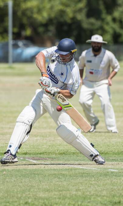 Power: Abel Carney gets under this delivery during his innings-saving 58 for Old Boys against South Tamworth on Saturday. Photo: Peter Hardin 070117PHC098