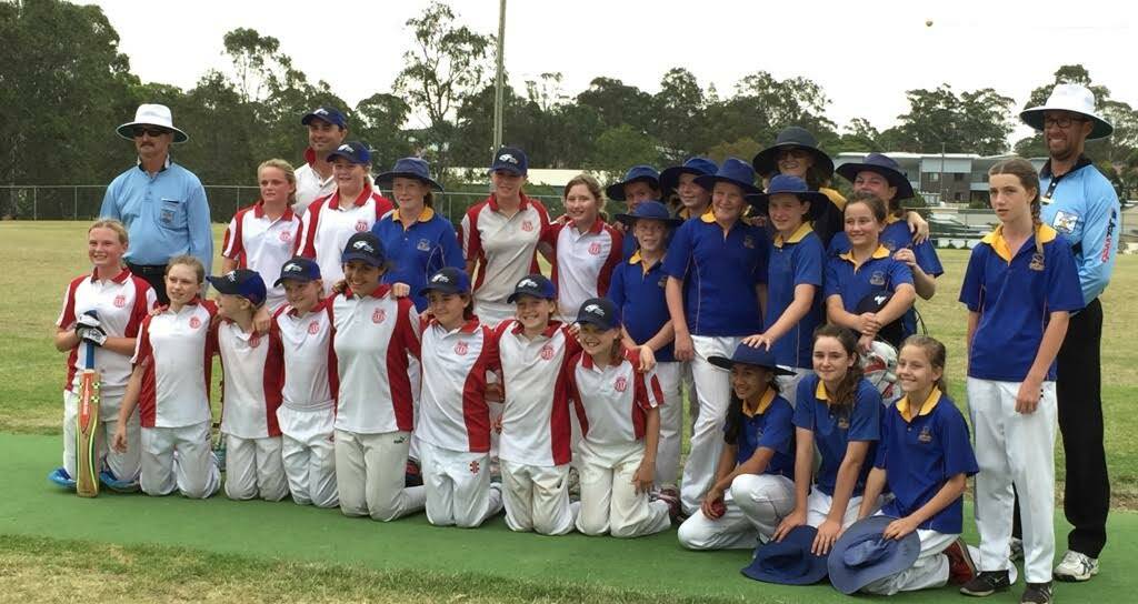 A great effort: The Tamworth Public girls (blue shirts) pose with champions Blayney after Tuesday's state cricket knockout final, which they lost by four wickets.