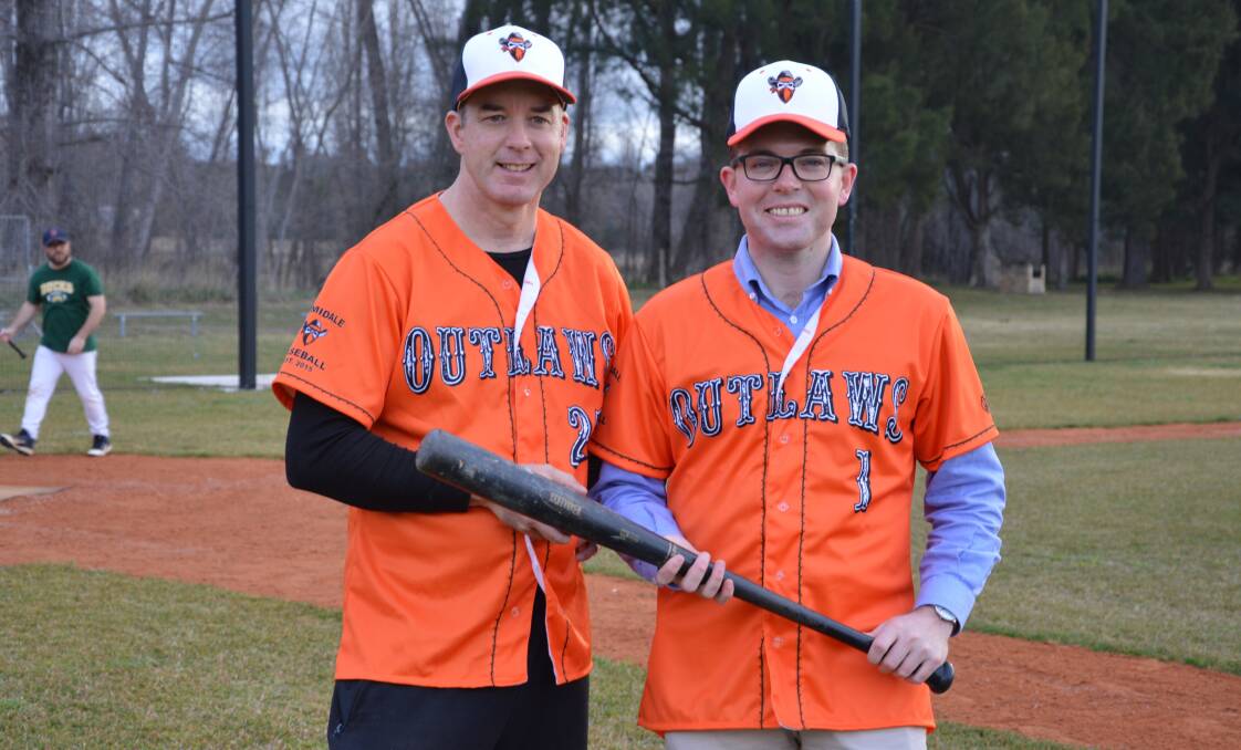 Batter up: Northern Tablelands MP Adam Marshall (right) and Armidale Outlaws founder Mick Alldis at the enhanced Outlaw baseball diamond.