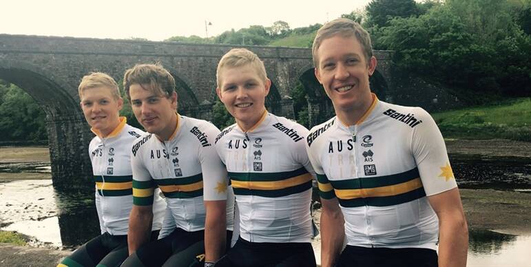 Top effort: Armidale's Sam Jenner (left), with Australian team-mates Sam Welsford, Michael Storer and Cameron Meyer, finished second in the final stage of the An Post Ras. Photo: Cycling Australia.