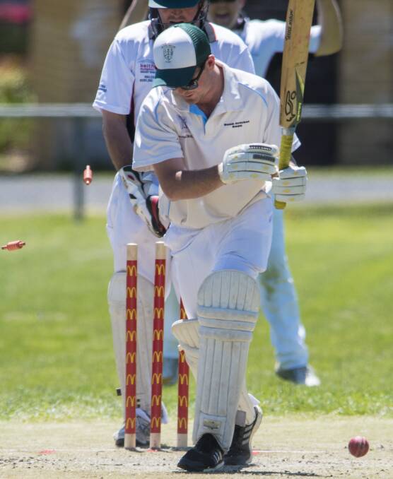 Wicket: Peel Valley's Matt Blanch can only watch on as the stumps rattle behind him during Sunday's Country Plate loss to Walcha. Photo: Peter Hardin