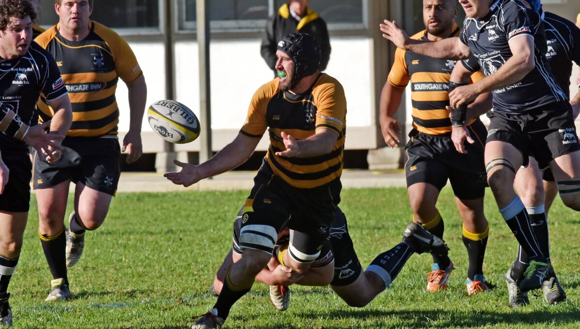 On the attack: Pirates number eight Conrad Starr looks to get the ball away against Moree on Saturday. Photo: Geoff O'Neill. 230716GOE06.
