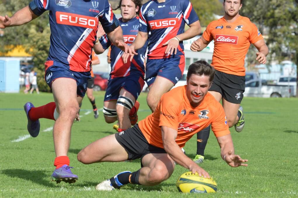 Jake Gordon, here scoring against Melbourne in Tamworth last weekend, was one of the tryscorers for the NSW Country Eagles in their win over the Sydney Rays on Saturday.