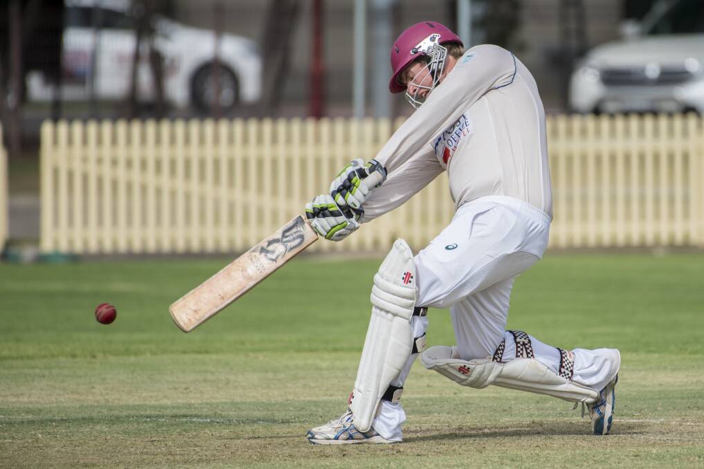 Crack: James Dunston gets on the front foot during his unbeaten 12 in South Tamworth's first innings. It was a valuable knock and got Souths to the cusp of triple figures. Photo: Peter Hardin 180317PHE114