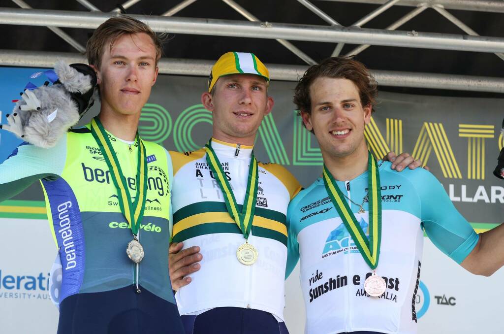 Dylan Sunderland (left) with his fellow under 23 criterium medal winners.