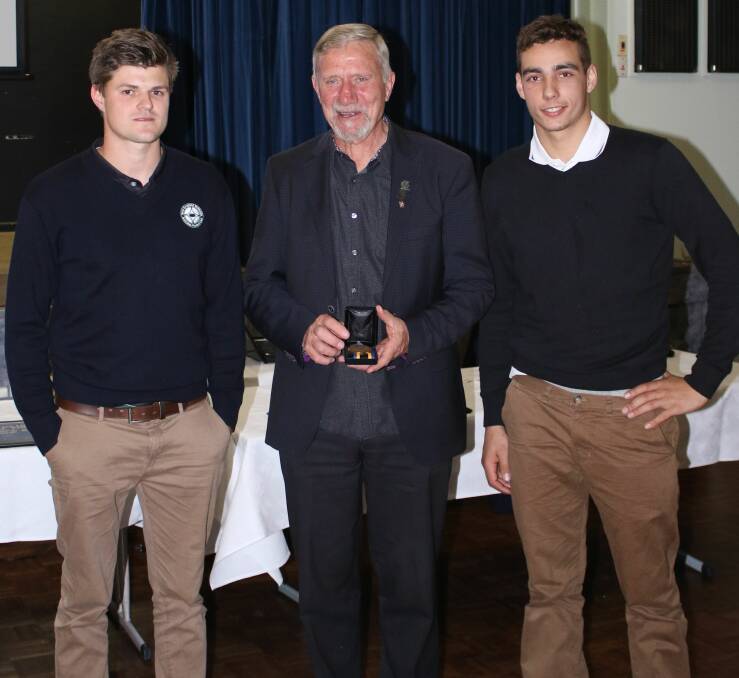 Best and fairest: Gunnedah Mayor Owen Hassler presents the Gillies Medal to joint winners Jed Ellis-Cluff (New England Nomads) and Daniel Leon (Tamworth Kangaroos).