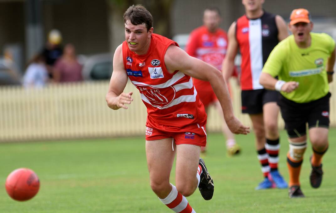 On the chase: Sam Burges pursues this ball for the Tamworth Swans in their last round loss to the Inverell Saints. The Swans take on Tamworth rivals the Kangaroos on Saturday. Photo: Gareth Gardner