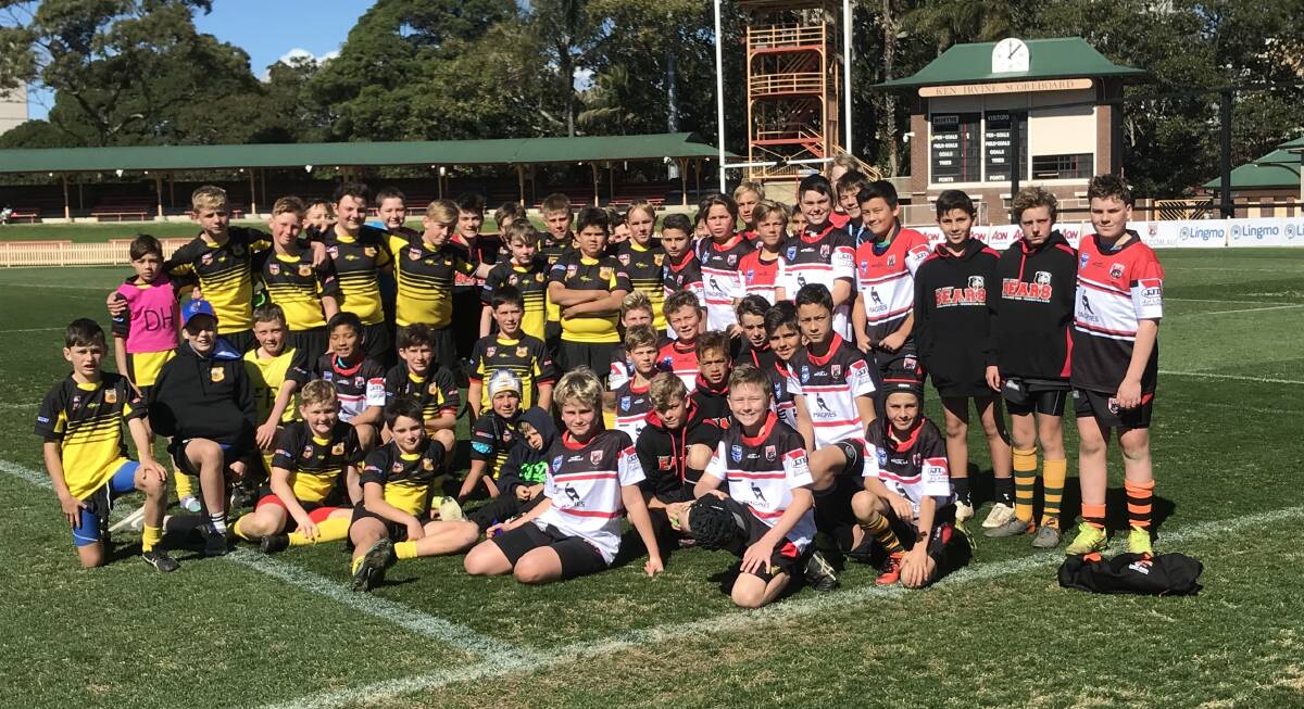 Young talent time: The TDML representative squad (yellow and black) with their North Sydney counterparts after their clash earlier in the year.
