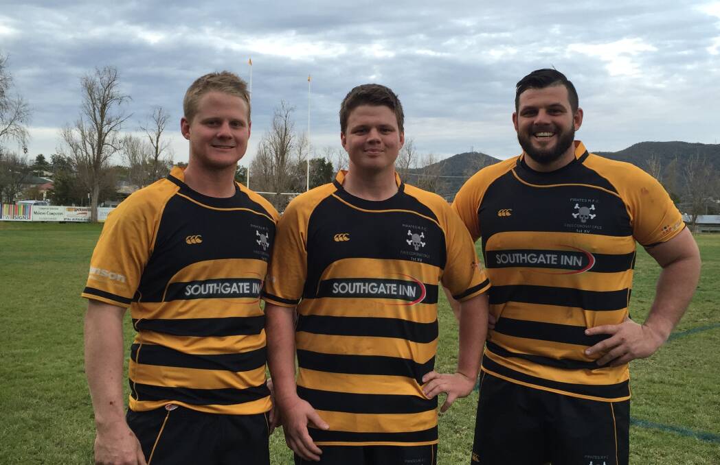 Brothers in arms: (L-R) Sam, Tim and Andrew Collins are enjoying playing together for the first time in Pirates colours after Andrew joined his younger siblings this season.
