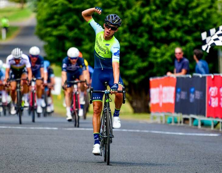 Pumped: Fresh from his fifth in the elite road race at the national championships, Dylan Sunderland, here celebrating his stage win in last year's Tour of Tasmania, can't wait to race in the Tour Down Under. Picture: Scott Gelston