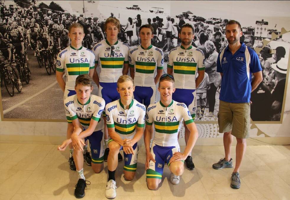 Armidale's Sam Jenner (front, middle) and his UniSA-Australian team ahead of the Tour Down Under.