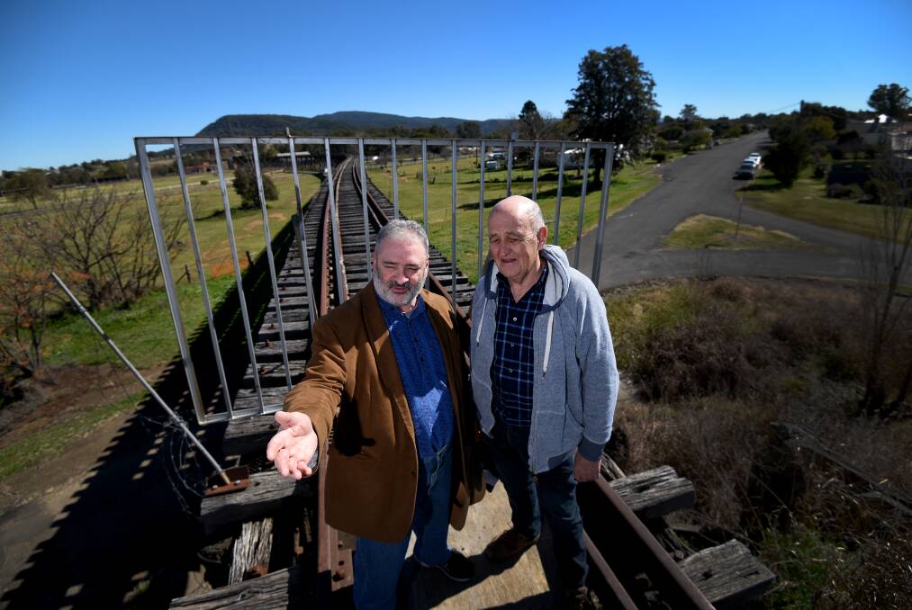 PRIORITY: Rail Trails for NSW deputy chair Tim Coen and chairman John Moore see great potential in the Manilla viaduct as a local tourism project gathers steam. Photo: Gareth Gardner 290717GGB02