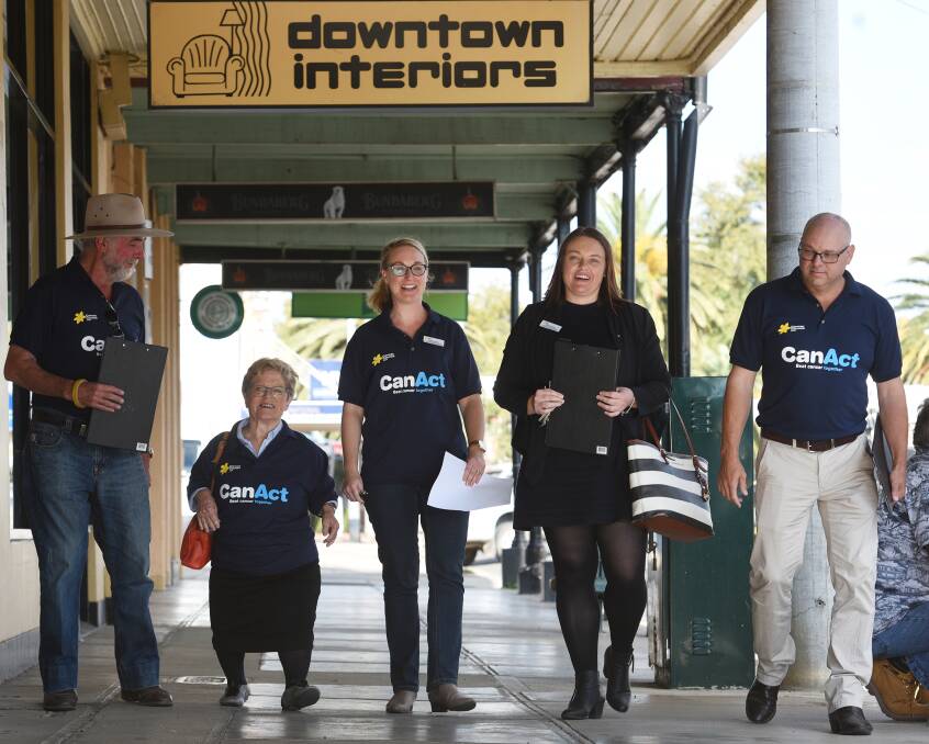 PALLIATIVE PUSH: Russell Webb, Lesley Hood, Dimity Betts, Kate Dubois and Mitch Williams hit the streets looking for business support. Photo: Gareth Gardner