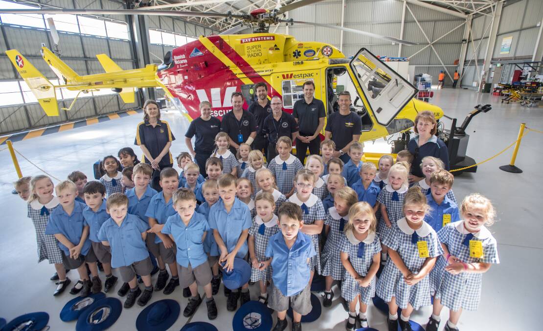 LEARNING: Tamworth Public School kindergarten students at the Westpac Rescue Helicopter base. Photo: Peter Hardin 291116PHA016